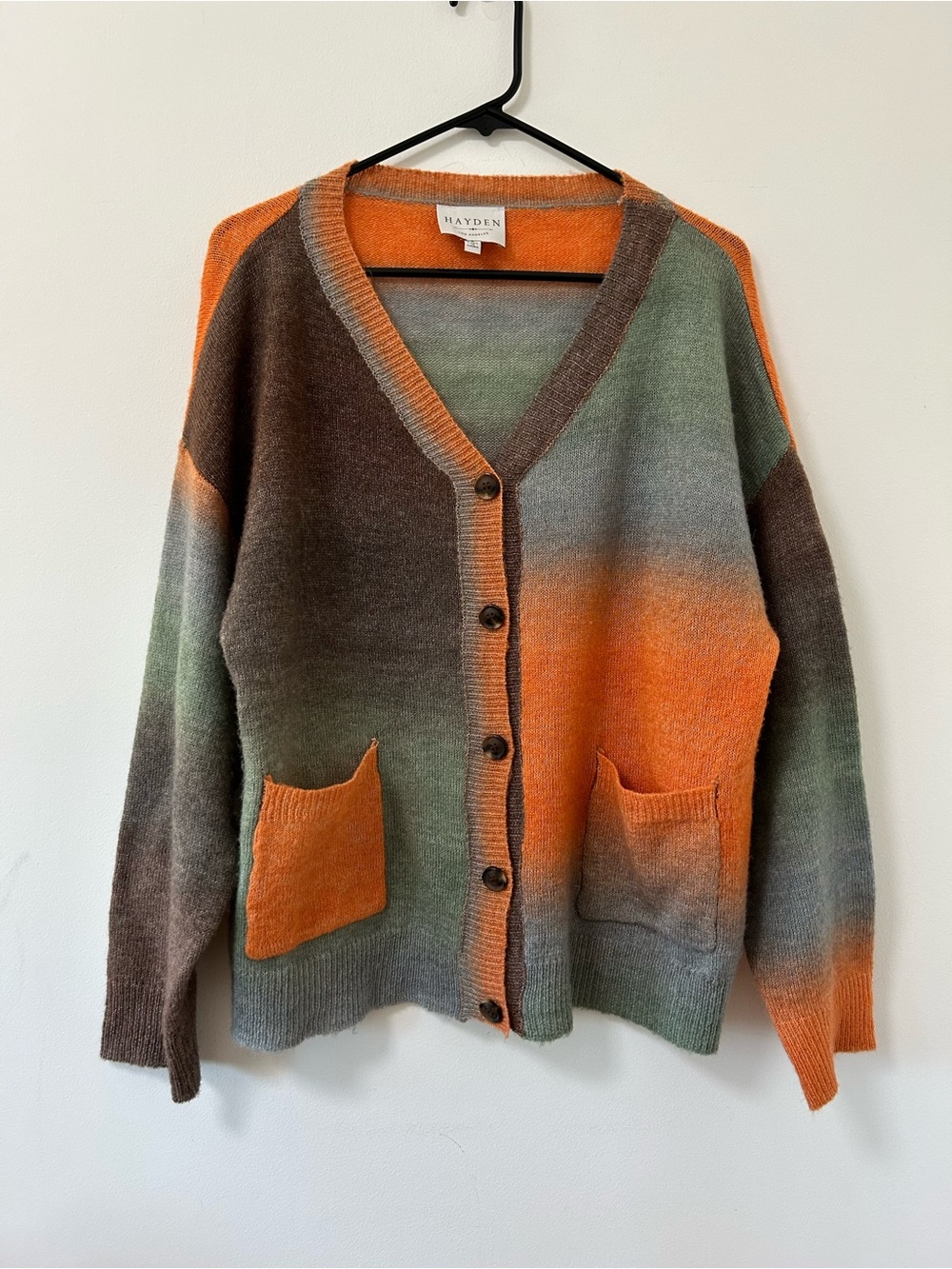 Hayden Multicolor Ombre V-Neck Button Cardigan -‎ Orange/Green/Brown sm sweater